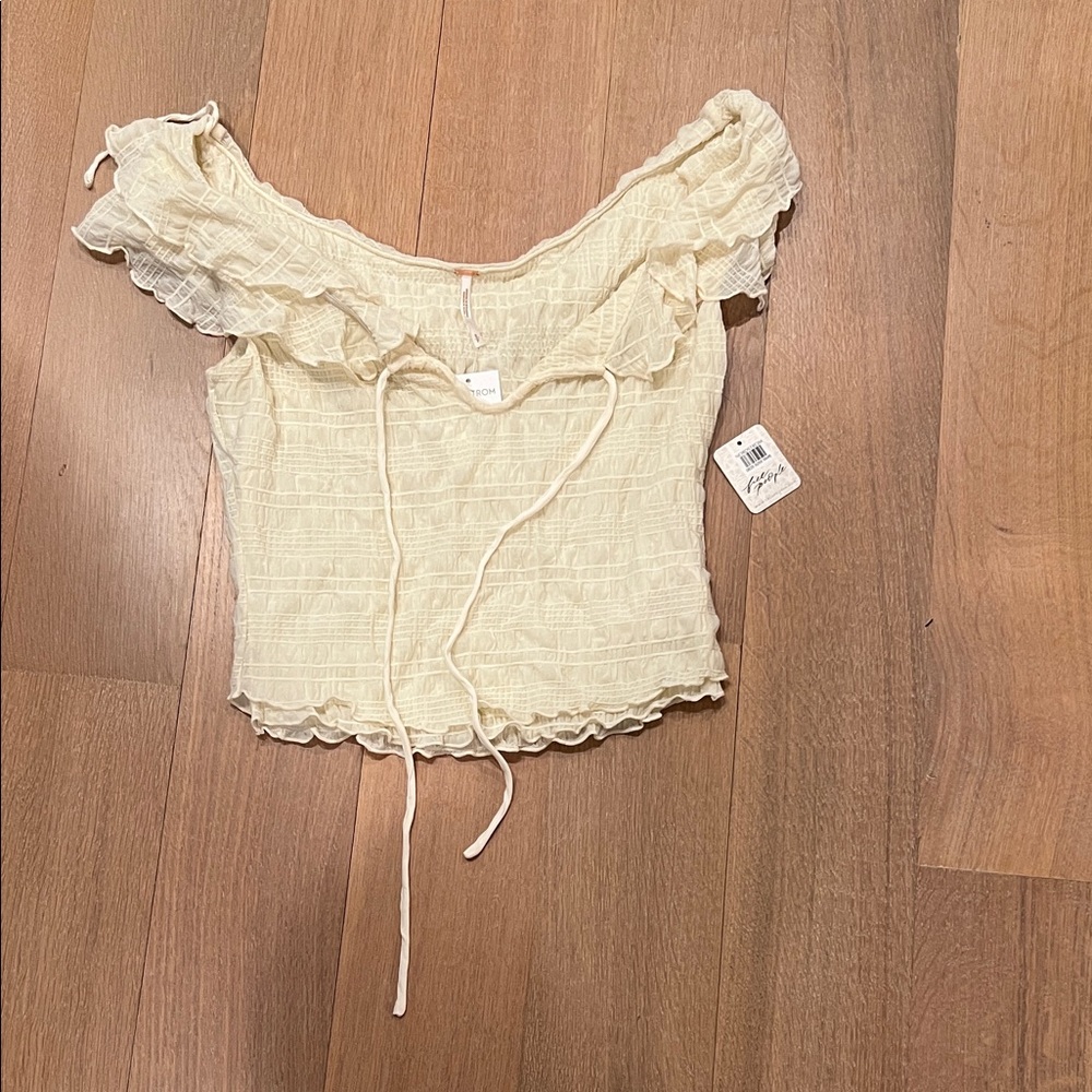 Free People Cream Off-Shoulder Ruffle Crop Top